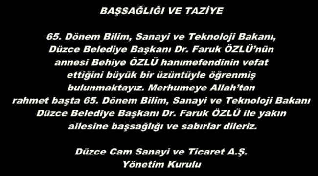 Düzce Cam A.Ş'den Özlü ailesine taziye mesajı